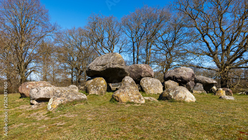 Bild auf Leinwand The beautiful mysterious dolmen D15 on a winter's day surrounded by old Oak tree