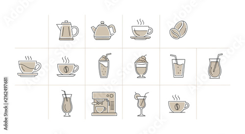 Collection of coffee and drink line art icons for cafe menu design