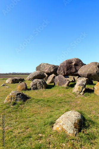 Fotografie Close up of the mystical dolmen D15 on a winter's day at Loon, Drenthe, the Neth