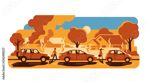 Flat vector illustration of cars driving on a suburban street during autumn. EPS Editable. Vector Illustrations.