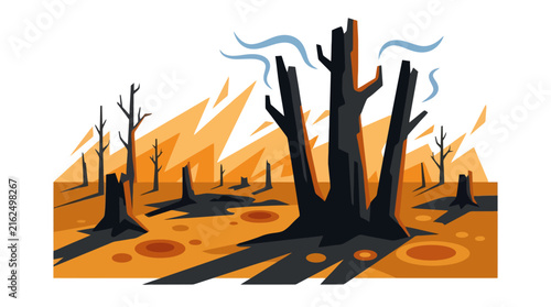 Forest fire destruction with burnt trees and smoke illustration. EPS Editable. Vector Illustrations.