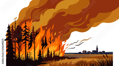 Forest fire burning trees near a small village illustration. EPS Editable. Vector Illustrations.