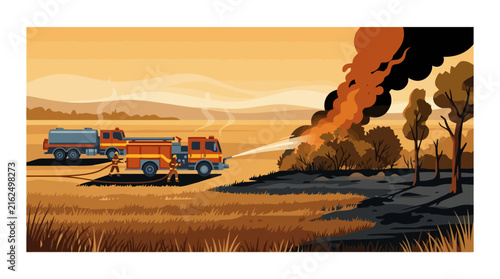 Firefighters extinguishing a large wildfire in a dry field illustration. EPS Editable. Vector Illustrations.