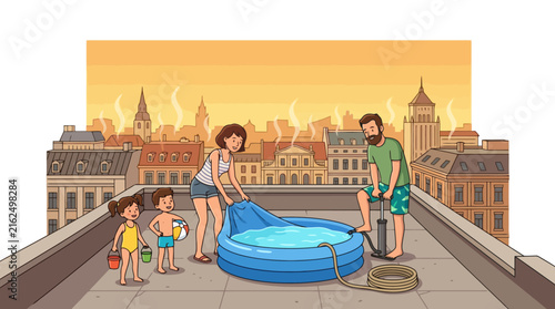 Family setting up inflatable pool on city rooftop terrace during summer. EPS Editable. Vector Illustrations.