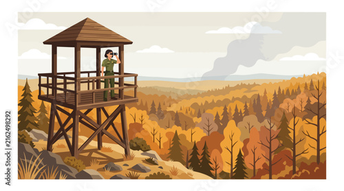 Forest fire lookout tower with ranger watching over autumn landscape. EPS Editable. Vector Illustrations.