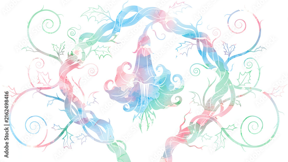 Fototapeta premium Watercolor Floral Vine Design with Pastel Flowers and Swirling Botanical Stems PNG