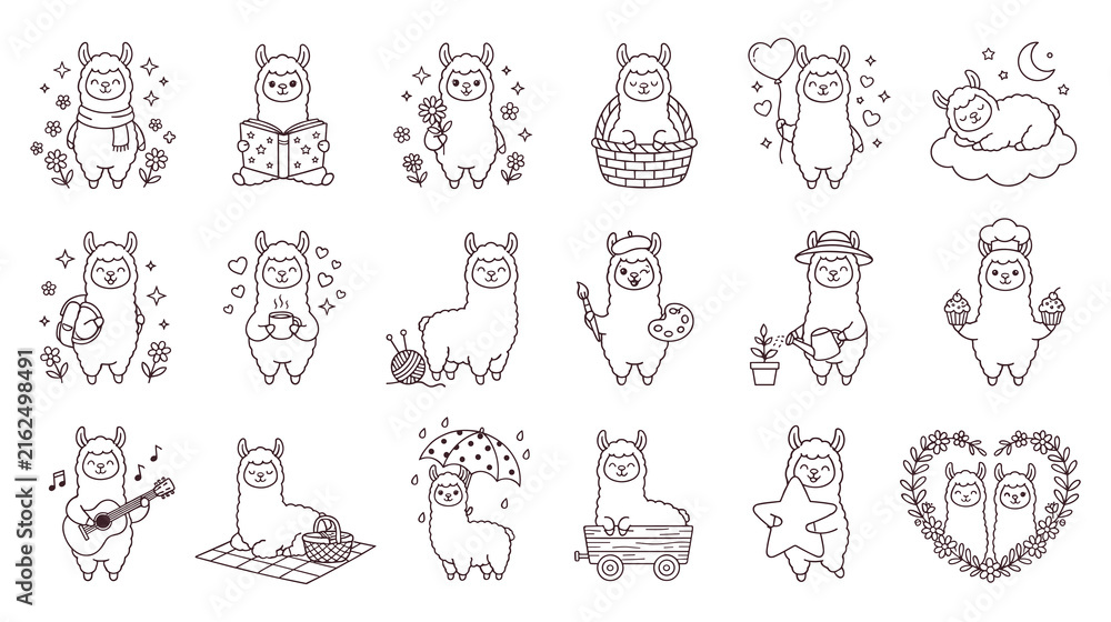 Naklejka premium Adorable llama alpaca line art collection for kids and crafts.