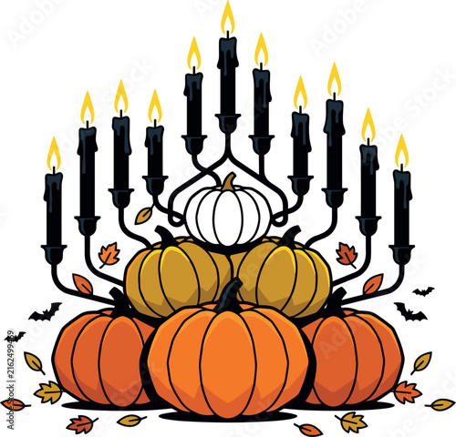 Fotografie Gothic Halloween Candelabra Vector Illustration Featuring Black Candles Pumpkins