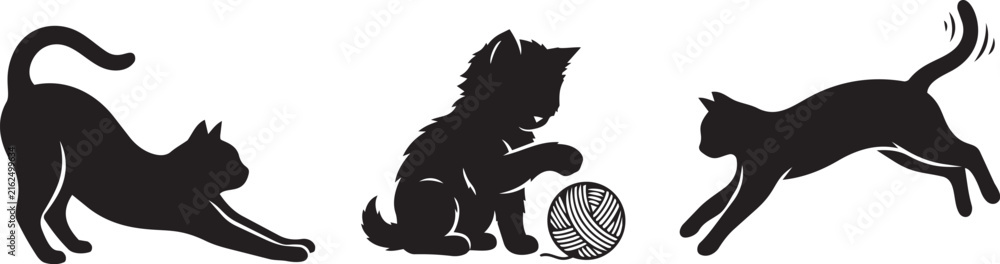 Obraz premium Playful cat silhouettes captured in three distinct poses including stretching sitting with yarn and leaping across a clean white background