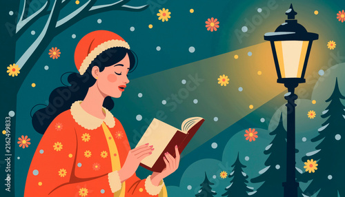 Young woman reading a book under a street lamp in a snowy forest  