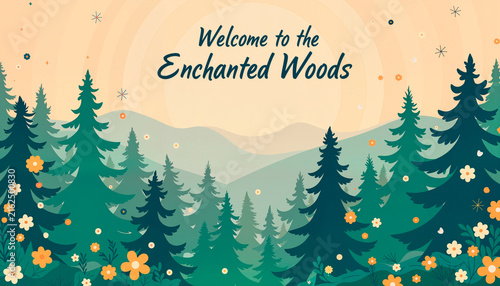 Enchanted Woods landscape with trees and flowers under a pastel sky  