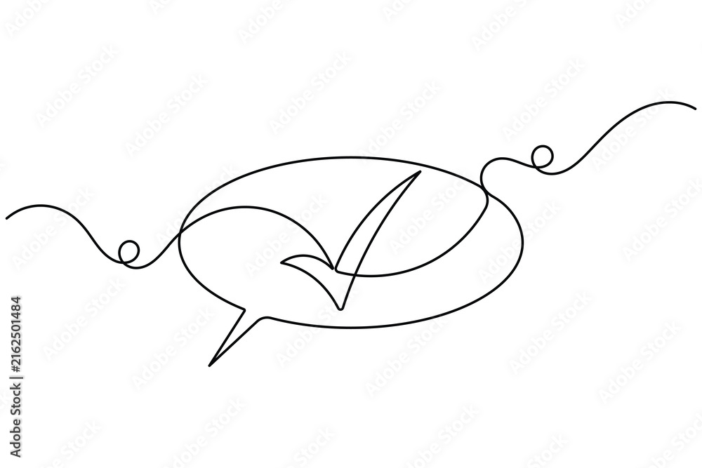 Obraz premium Communication check mark in speech bubble icon sign continuous one line drawing moving on white background minimalist single art correct and complete comment reply chat symbol editable outline vector 
