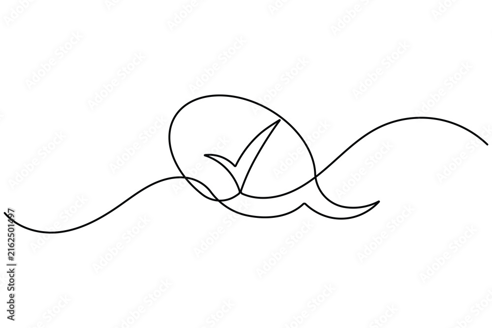 Obraz premium Communication check mark in speech bubble icon sign continuous one line drawing moving on white background minimalist single art correct and complete comment reply chat symbol editable outline vector 