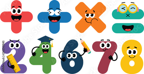 Cute Cartoon Math Operators and Number Characters Vector Set Featuring Colorful Addition Subtraction Multiplication Division Signs Plus Digits Two Four Six Seven Eight