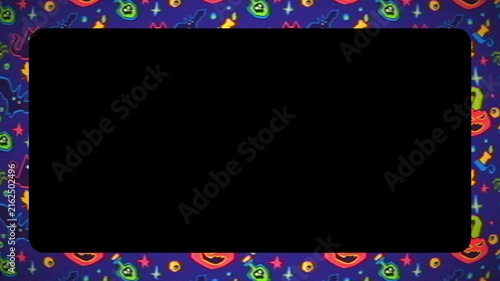 Seamless looping 2D cartoon Halloween animation pattern with CRT scanlines, retro TV effect, transparent alpha channel and rounded rectangle frame for stream overlay, video border, festive promotion.