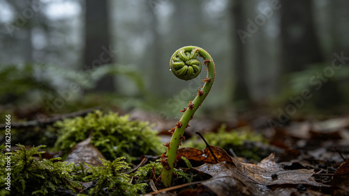 Involute fern fiddlehead in forest moss, growth and nature renewal concept