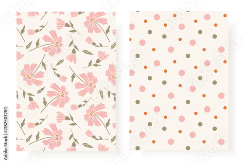 Seamless floral and polka dot pattern set with pastel flowers, leaves and soft neutral dots. Cute feminine vector collection for wallpaper, textile, wrapping paper and surface design.