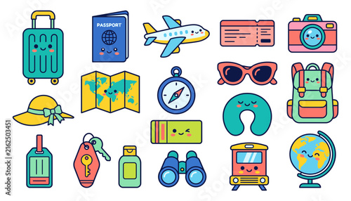 Set of cute kawaii travel icons featuring luggage passport airplane map camera and other vacation accessories