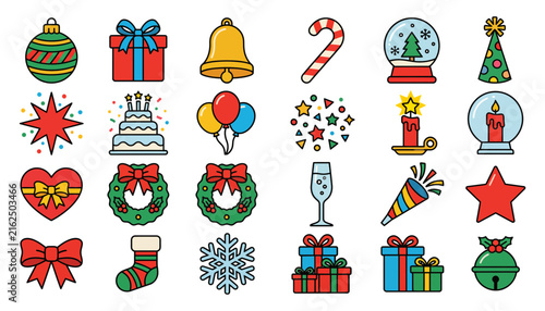 Set of colorful christmas and holiday icons featuring festive decorations and celebration elements for seasonal design projects