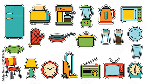 Collection of colorful household appliances and kitchenware icons isolated on a white background for home design