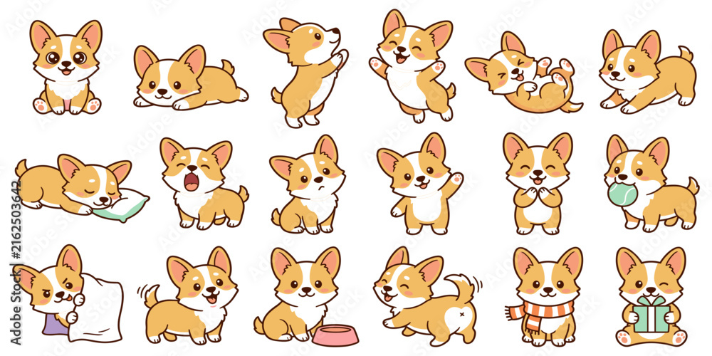 Obraz premium Cute corgi puppy character vector set with funny dog emojis in different actions