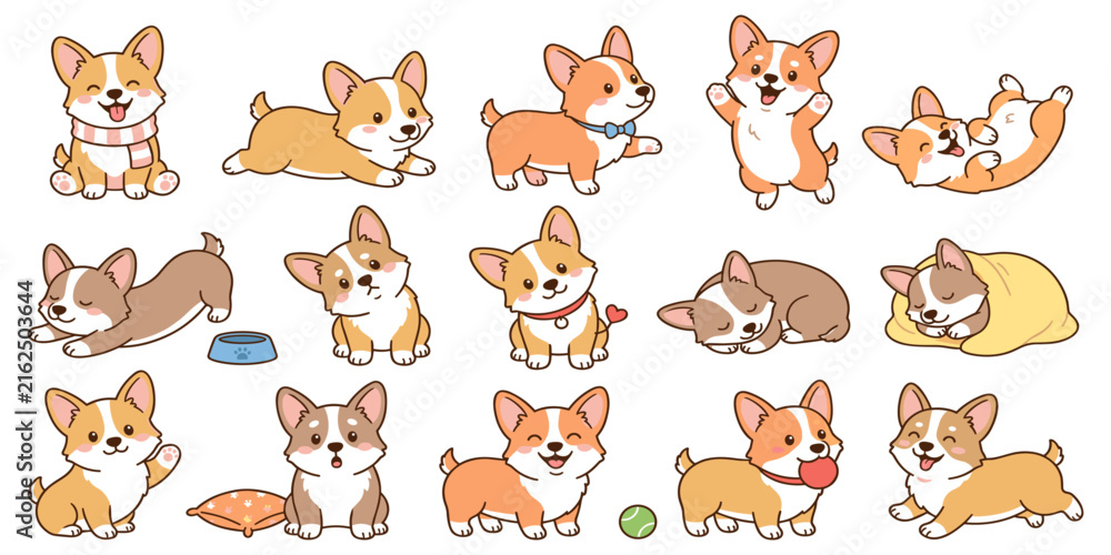 Obraz premium Cute corgi puppy vector set with funny dog characters in different playful poses