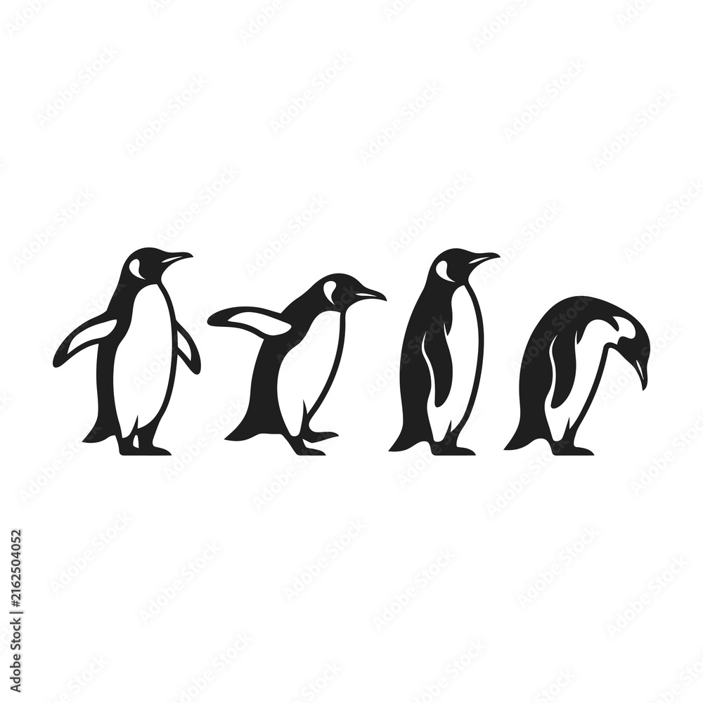 Fototapeta premium Four penguins standing in a row looking around curiously outdoors