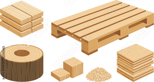 Isometric Wooden Lumber and Pallet Vector Set Featuring Timber Planks Log Section Blocks Plywood Sheets and Sawdust Pile for Construction Industry Graphics