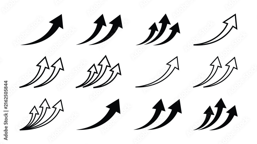 Fototapeta premium Set of directional arrows showing various upward movement styles with curves