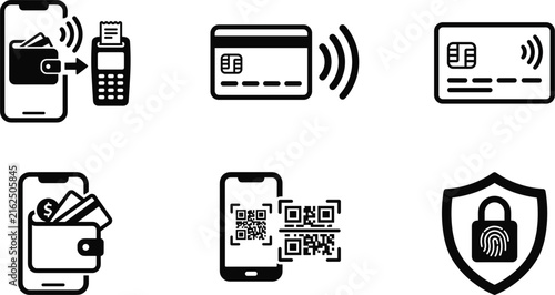 Digital Payment and Fintech Security Vector Icon Set with NFC QR Code and Mobile Wallet