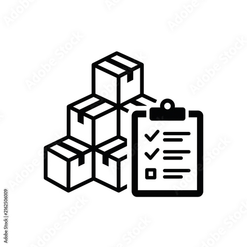 Inventory count icon with stacked cartons and clipboard checklist for warehouse stocktaking and stock control