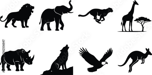 African safari and wild animals black vector silhouette icon set featuring nature and wildlife symbols