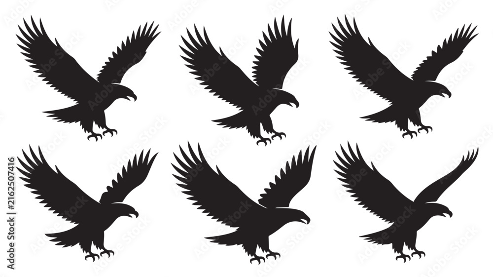 Fototapeta premium Majestic eagle silhouettes shown in various flying positions for this professional vector graphic illustration design project requiring high quality shapes