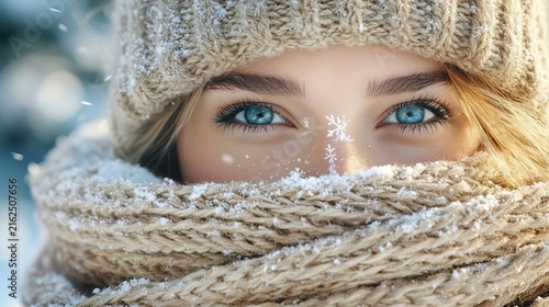 Stunning close up portrait of a girl with blue eyes wearing a wintry knitted scarf and wool hat