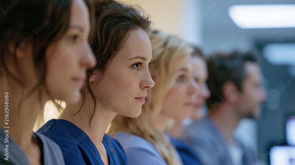 Obraz premium Diverse medical students learning and collaborating in hospital create vibrant visuals emphasizing teamwork, study, and professional training.