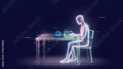 A futuristic digital illustration of a glowing neon silhouette sitting at a table and reading an open book. Digital world, the Matrix, cybernetic atmosphere. In a virtual or illusory reality.