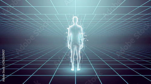 A glowing 3D figure of a person standing on a futuristic grid, symbolizing technology and the digital world.