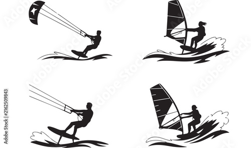 Black silhouette vector illustration featuring extreme windsurfing and kitesurfing athletes riding ocean waves in a dynamic and energetic sports design