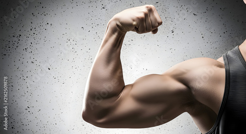 Close up of muscular male bicep flexing against concrete wall