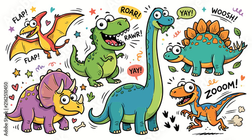 Colorful cute dinosaur characters set with comic sound effects