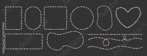 Barbed wire frame set with heart circle rectangle oval and square border collection featuring metallic spike fence security line elements for modern graphic layout templates