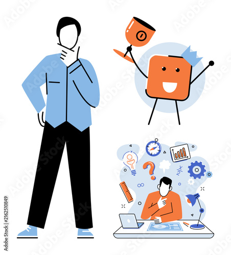 A collection of business people thinking and solving problems vector illustration. Strategy, planning, creativity, productivity, management, success. Professional characters brainstorming and working