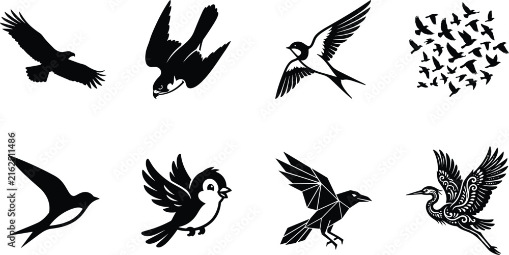Naklejka premium Stylized bird silhouette collection featuring flying, geometric, and decorative designs in artistic black vector style