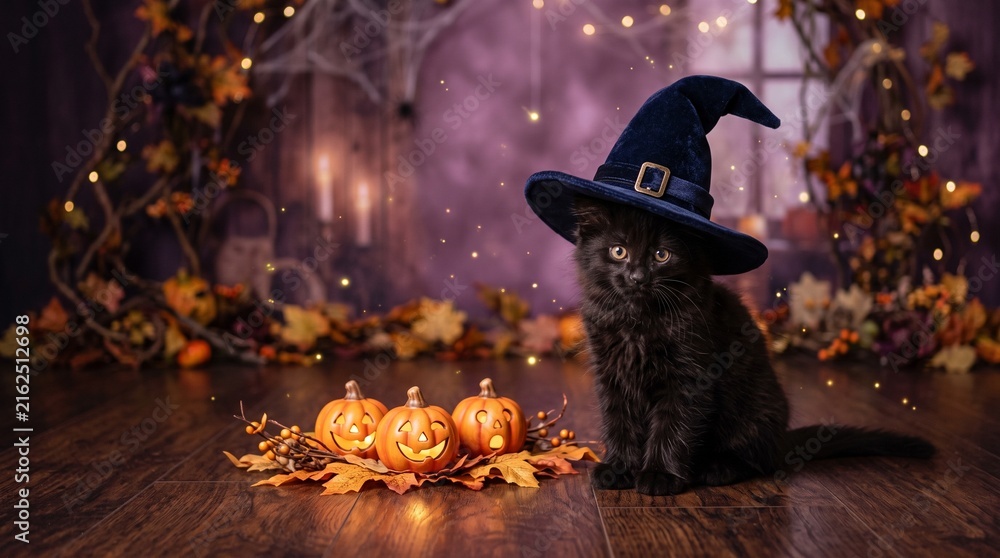 Fototapeta premium Black kitten wearing a witch hat beside glowing pumpkins and autumn leaves in a magical Halloween setting