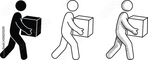 Three people carrying large cardboard boxes, black and white carrying boxes minimalist style