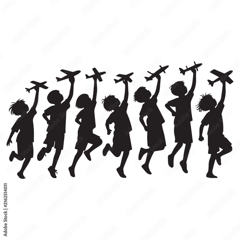 Fototapeta premium Children Silhouette Playing With Toy Planes Flying Freedom Childhood Concept Vector Illustration