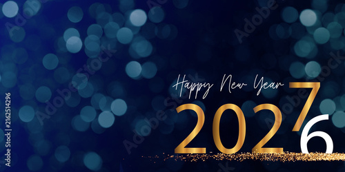 Happy new year 2027, new year's eve celebration greeting card with text - Golden Year 2027, isolated on dark blue background