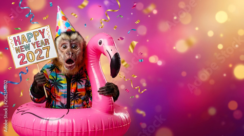 monkey in party hat holding happy new year 2027 sign with flamingo float