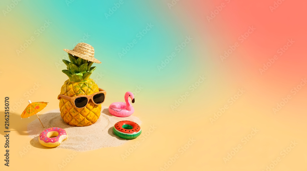 Fototapeta premium Cute pineapple in hat with copy space