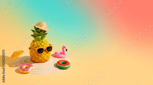 Cute pineapple in hat with copy space